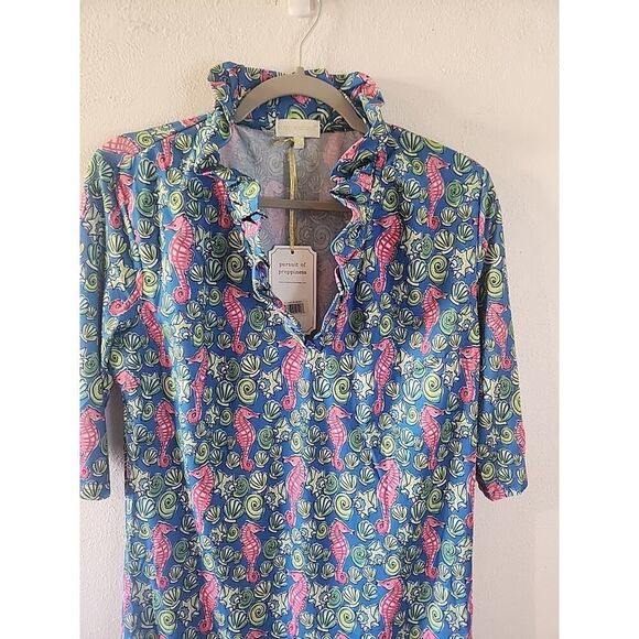 Simply Southern Dress Women's M Bright Pink Sea horse Shells Ruffle Neck Summer - Picture 2 of 4